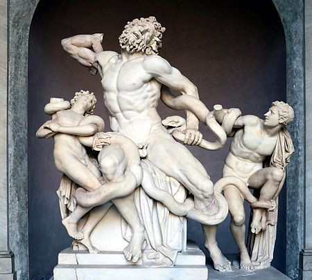 Bức tượng Laocoon và các con trai, một tác phẩm điêu khắc La Mã cổ đại nổi tiếng, thể hiện sự đau khổ và bi kịch.