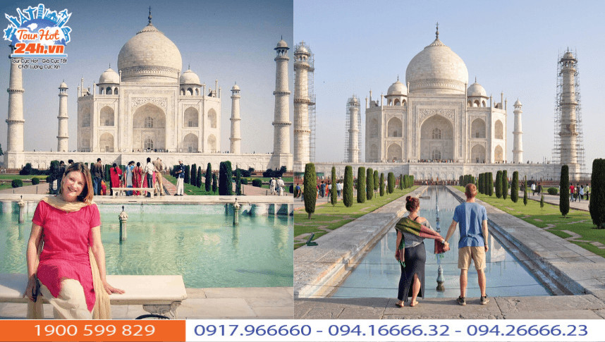 Một cặp đôi chụp ảnh trước lăng mộ Taj Mahal, biểu tượng của tình yêu vĩnh cửu
