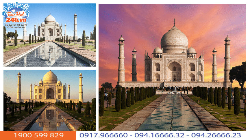 Cổng chính dẫn vào lăng mộ Taj Mahal, một công trình kiến trúc đồ sộ và tráng lệ