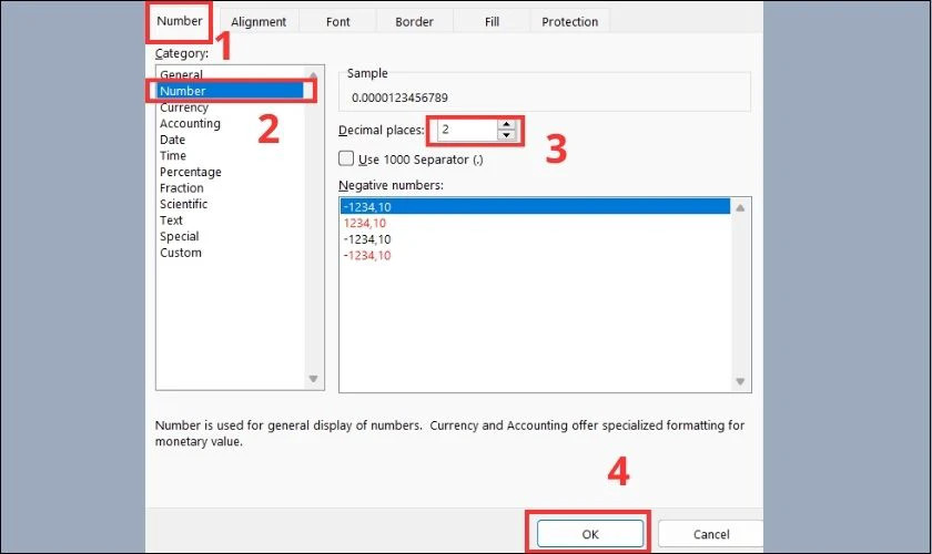 Chọn số lượng vị trí số thập phân phía sau dấu phẩy ở mục Decimal places.