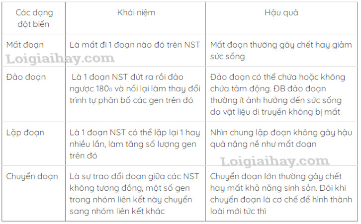 Bảng so sánh các dạng đột biến NST