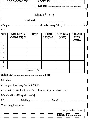 Mẫu báo giá dịch vụ thiết kế website chuyên nghiệp