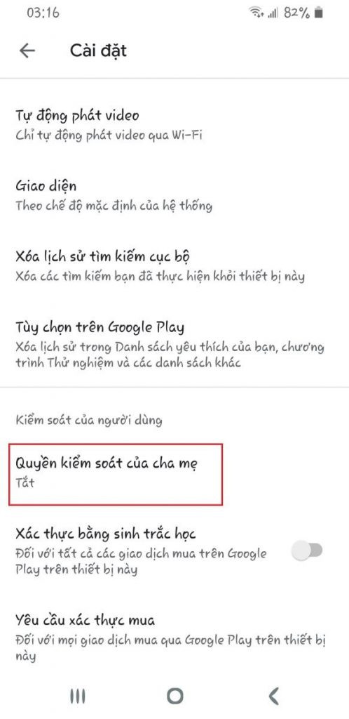 Tắt quyền kiểm soát của cha mẹ trong cài đặt Google Play Store