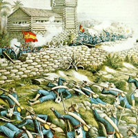 Hình ảnh mô tả cuộc tấn công của Trung đoàn Bộ binh Da màu 24 và 25 và giải cứu Rough Riders tại Đồi San Juan, ngày 2 tháng 7 năm 1898.