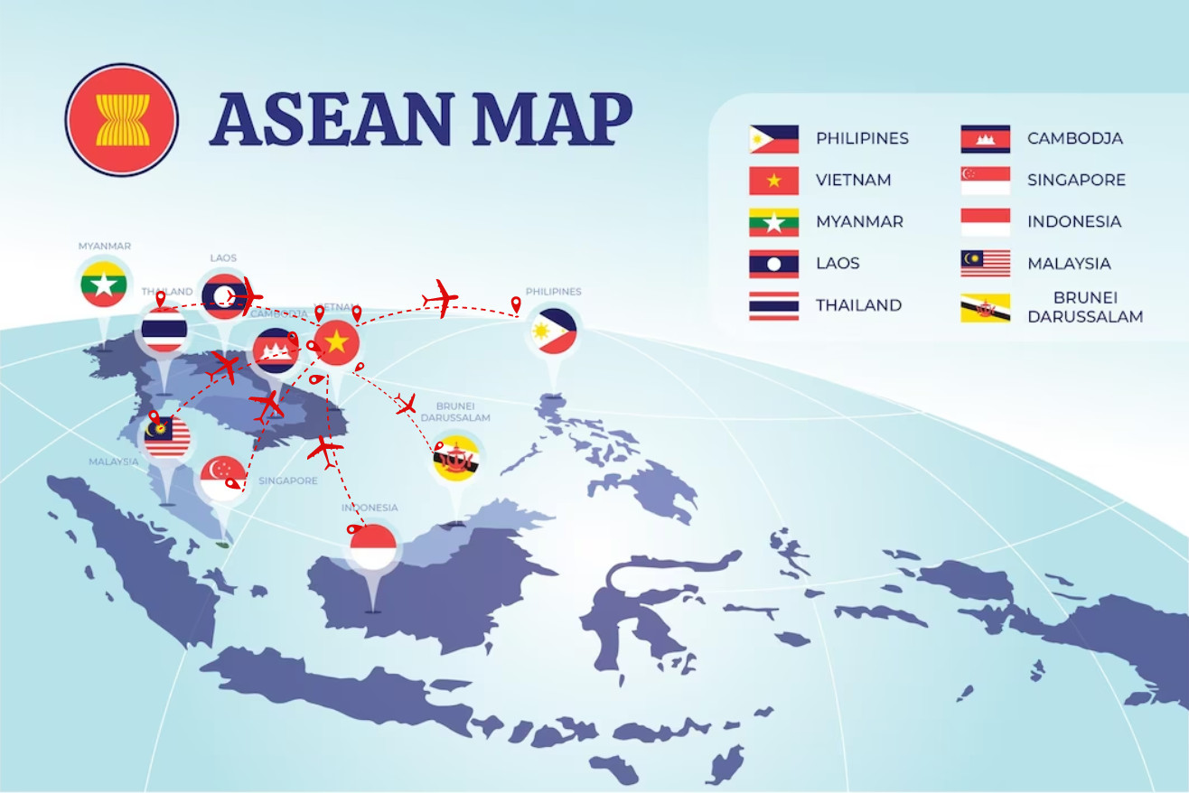 Bản đồ hàng không Đông Nam Á, cho thấy vị trí trung tâm của Việt Nam trong mạng lưới hàng không khu vực