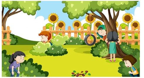 Một nhóm bạn nhỏ đang chơi trốn tìm trong công viên, thể hiện niềm vui và sự hào hứng của trò chơi