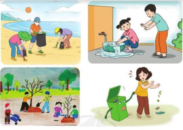 Bức tranh về dọn dẹp rác ở biển với các tình nguyện viên tham gia