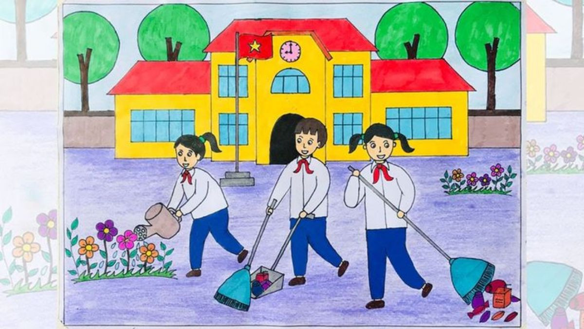 Tranh vẽ trường học thể hiện tình cảm và sự gắn bó với mái trường