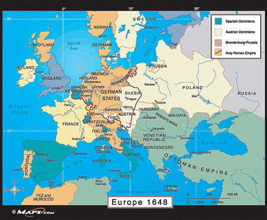 Bản đồ Châu Âu năm 1648 sau Hòa ước Westphalia, cho thấy sự thay đổi về lãnh thổ và ảnh hưởng của các quốc gia