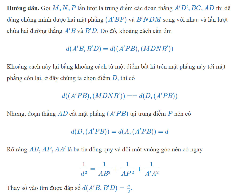 Giải ví dụ 1 về tính khoảng cách giữa hai đường thẳng chéo nhau trong hình lập phương.
