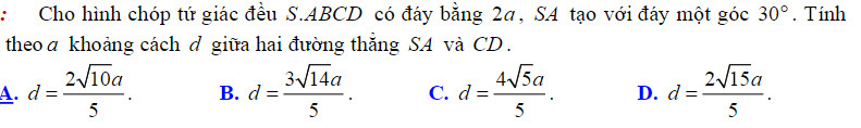 Đề bài 10 về tính khoảng cách giữa hai đường thẳng chéo nhau.