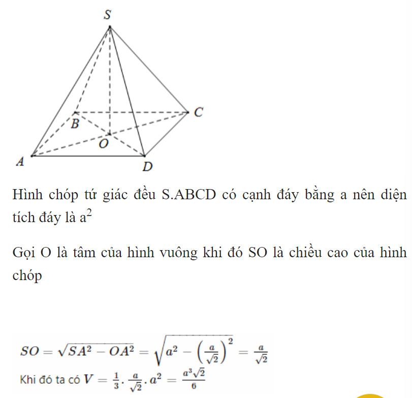 Ví dụ bài tập tính thể tích khối chóp đều có cạnh đáy bằng a, hướng dẫn giải cụ thể