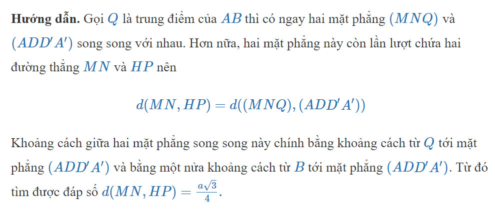 Giải bài tập ví dụ 2 về tính khoảng cách giữa hai đường thẳng chéo nhau trong hình hộp chữ nhật.