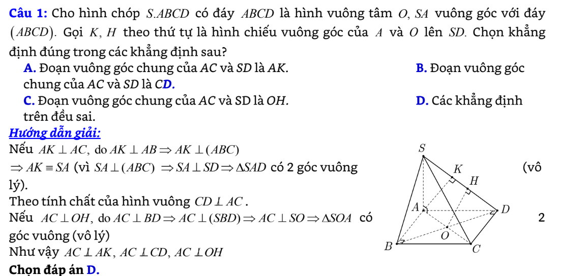 Ví dụ 1 về phương pháp dựng đoạn vuông góc chung để tính khoảng cách.